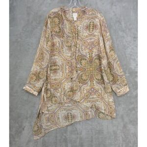 Chicos Top Womens Size 2 Large Paisley Lace Up Tunic Asymmetric Hem Boho Chiffon